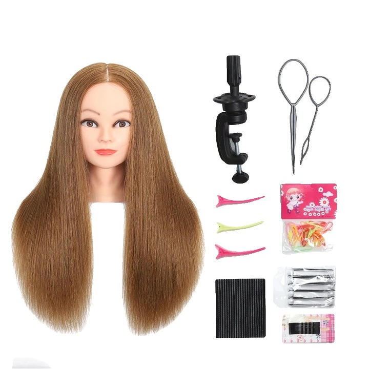 Cap de manechin, par uman 100%, densitate mare, set cu accesorii, 22-24 inch