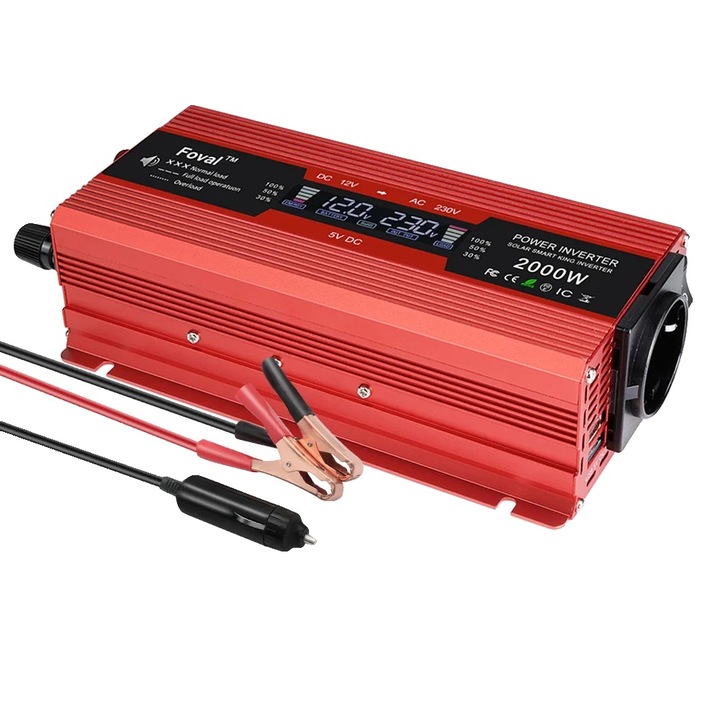 Inverter autó R 2000W, 2 USB port, LCD kijelző, 220V, 50Hz