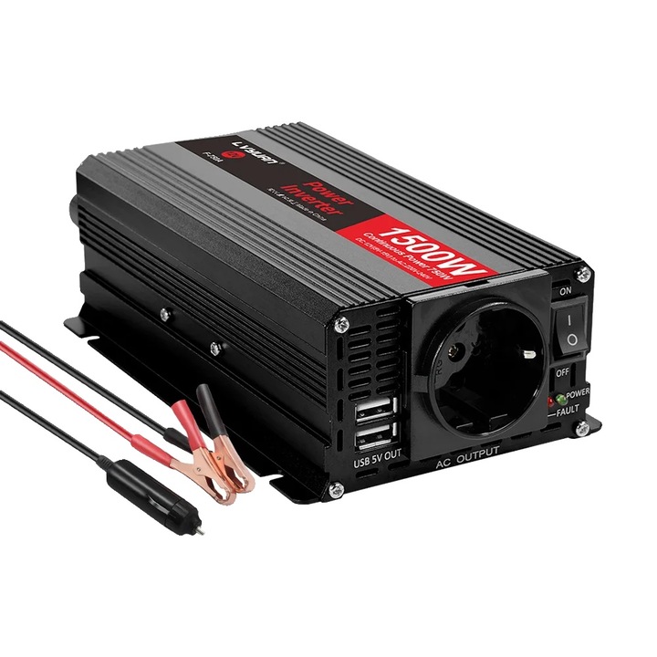 Autós inverter 1500W, 50Hz, 2 USB port, 112x78x50mm, kompakt