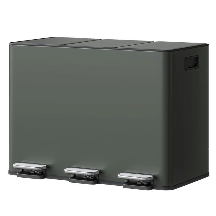 Cos de gunoi, 3 compartimente, capac cu inchidere lenta, verde, 15L fiecare compartiment