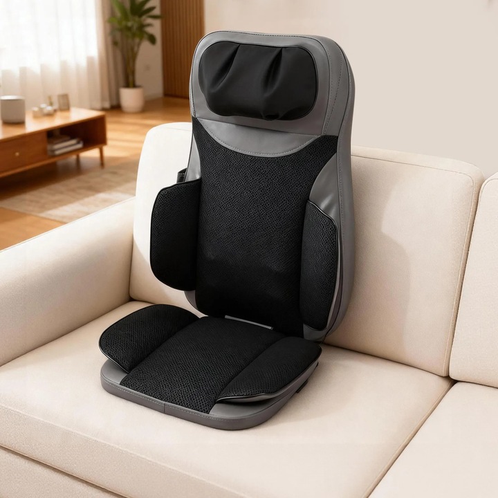 Scaun de masaj, Shiatsu pentru spate complet, Incalzire, Masaj cu role, Reducere stres, Acasa si birou, Adaptor auto inclus