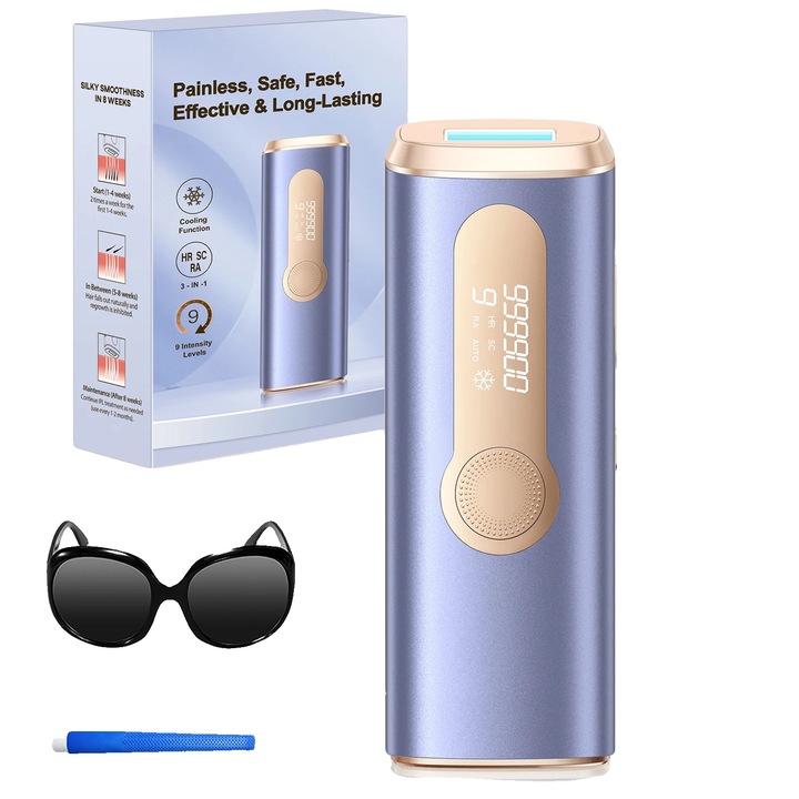 Епилатор, Технология с Интензивна Пулсираща Светлина, Бързо Време за Третиране, Лилав, Компактен Дизайн