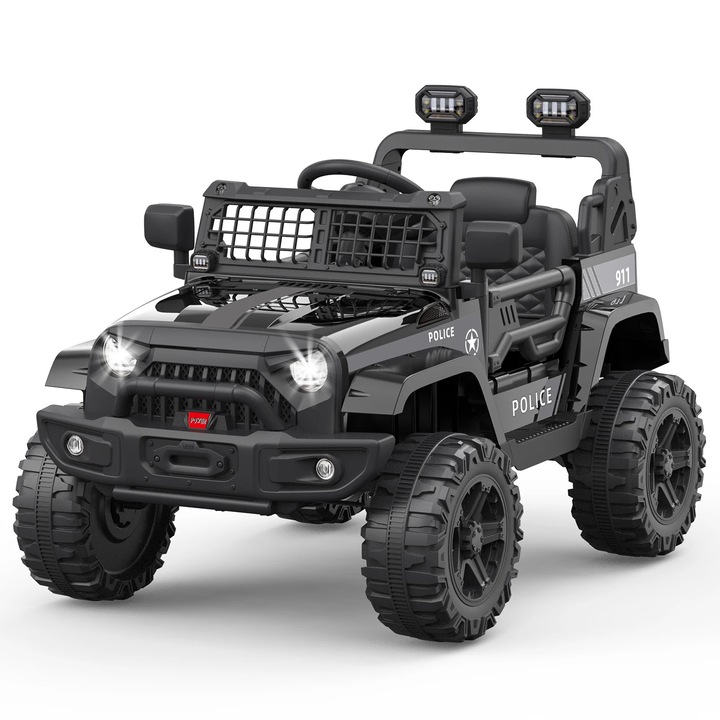 Elektromos gyermekautó, 12V-os ráülős jármű, 2,4 GHz-es távirányító, Bluetooth, LED lámpák, 2 sebesség, Nagy terepkerekek, Fekete