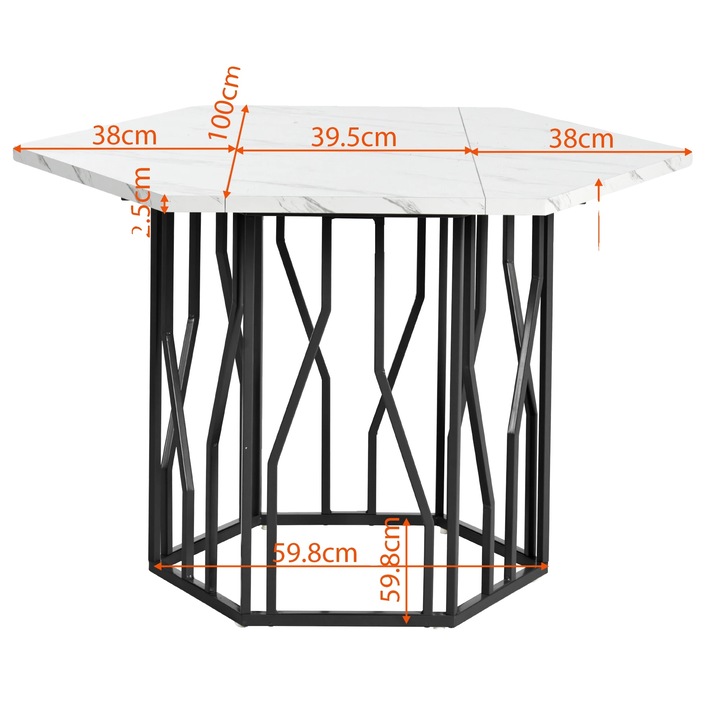 Трапезна маса, шестоъгълен дизайн, мраморен плот, метална рамка, бял