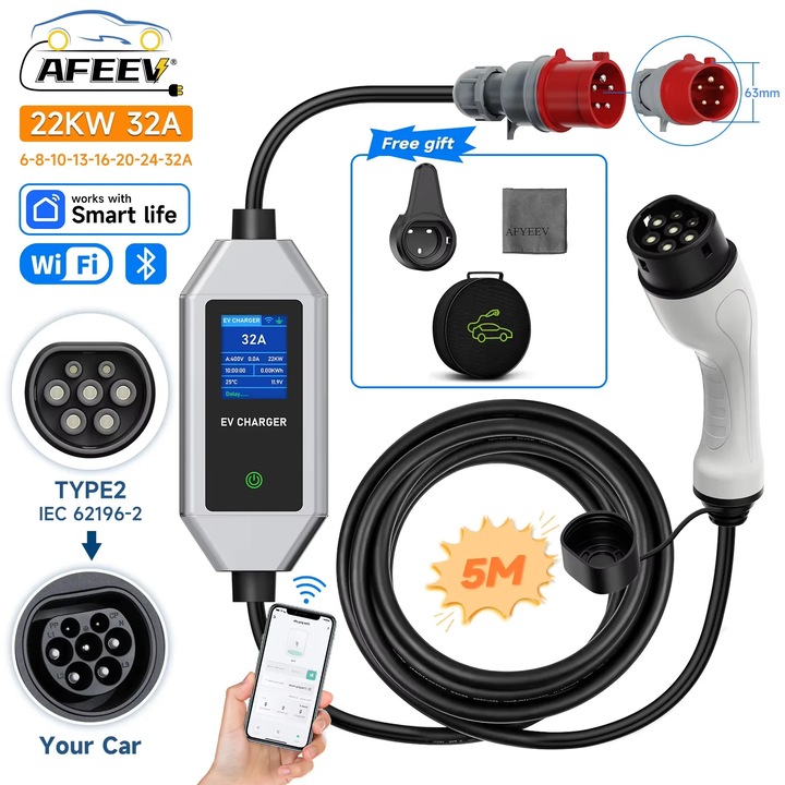 Statie de incarcare vehicule electrice, 7.6KW, 32A, Tip 2, 5m, design montat pe perete
