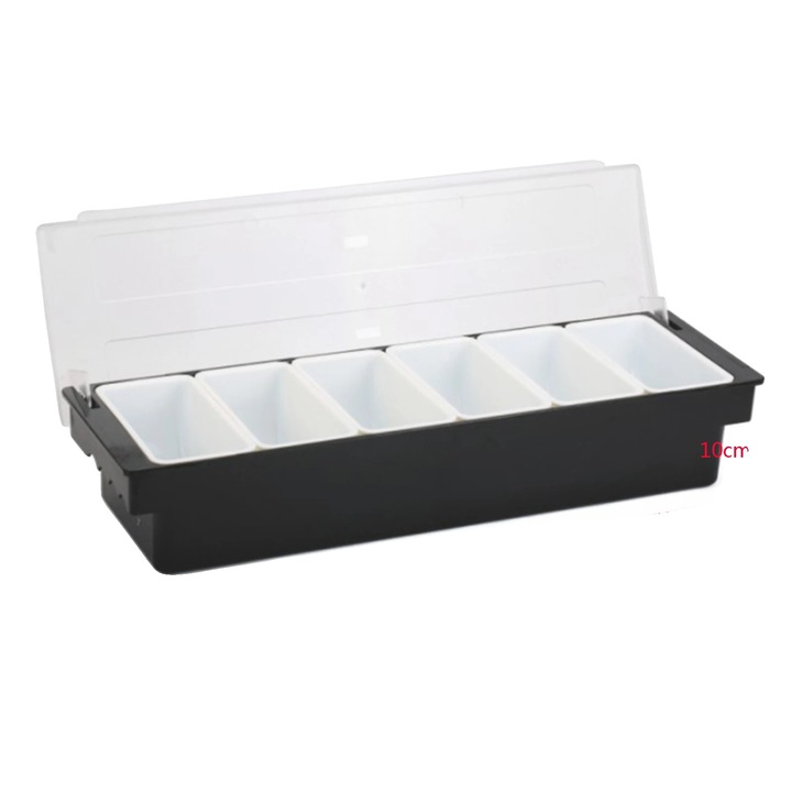 Élelmiszertároló doboz, 6 rekeszes, tartós anyag, fekete, 50x15x10cm