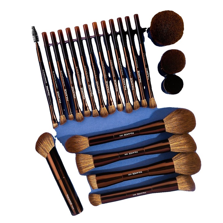 Set pensule machiaj, 20 bucati, par sintetic moale, design unghiular, cafea inchisa