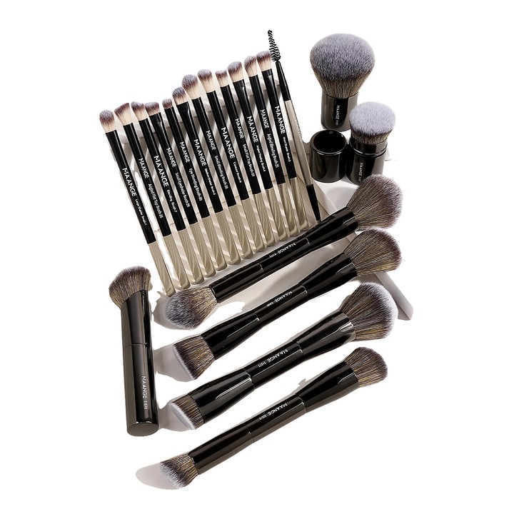 Set pensule machiaj, 20 bucati, par sintetic moale, design unghiular, negru