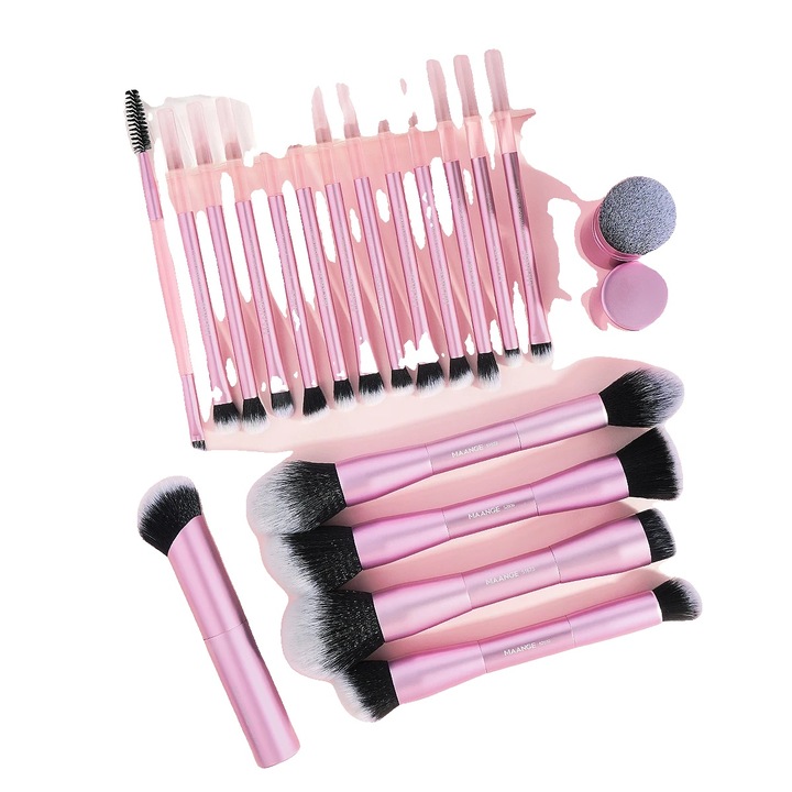 Set pensule machiaj, 20 bucati, par sintetic moale, roz