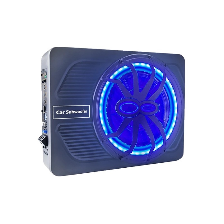 Subwoofer auto, design compact, sunet puternic, cu lumini, dimensiuni compacte