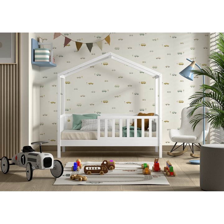 Pat Casuta Copii cu Protectie, Alb, 70 x 140 cm, Pin Masiv – Dallas – Vipack