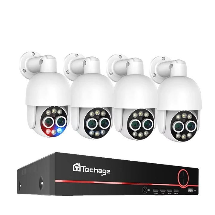 8-канален NVR комплект за видеонаблюдение с 4 камери, 4K резолюция, AI детекция, поддръжка на 128GB microSD