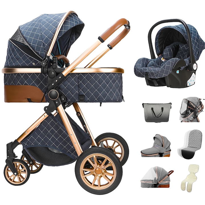 Carucior pliabil 3 in 1, albastru, capacitate 20 kg, design multifunctional