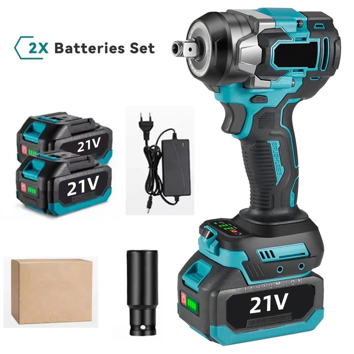 Cheie cu impact, 1200 N.m, 5 viteze, set cu 2 acumulatori