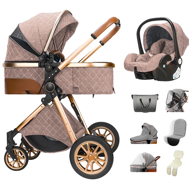 Carucior pliabil 3 in 1, v9-Khaki, capacitate 20 kg, design multifunctional