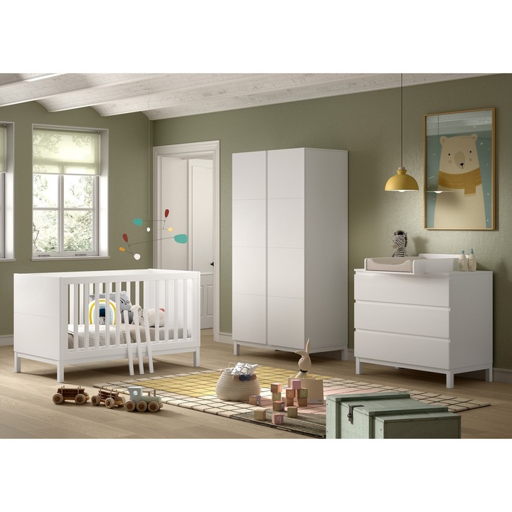 Set Complet Camera Copii EVA: Patut Transformabil 70x140 cm, Comoda cu 3 Sertare, Masa de Infasat si Dulap 2 Usi, Alb – Vipack