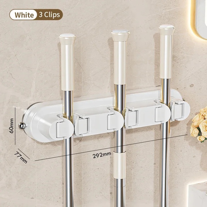 Suport de perete pentru matura, alb, 4 clipsuri, 5 carlige