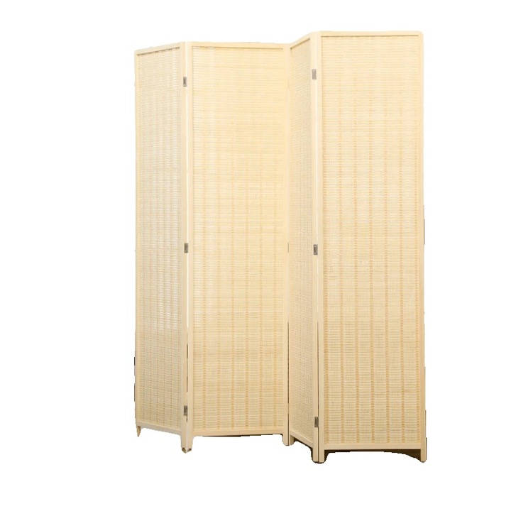Paravan de camera, patru panouri, bambus si bumbac, dimensiuni 180x1.7x180cm, cadru din lemn de pin