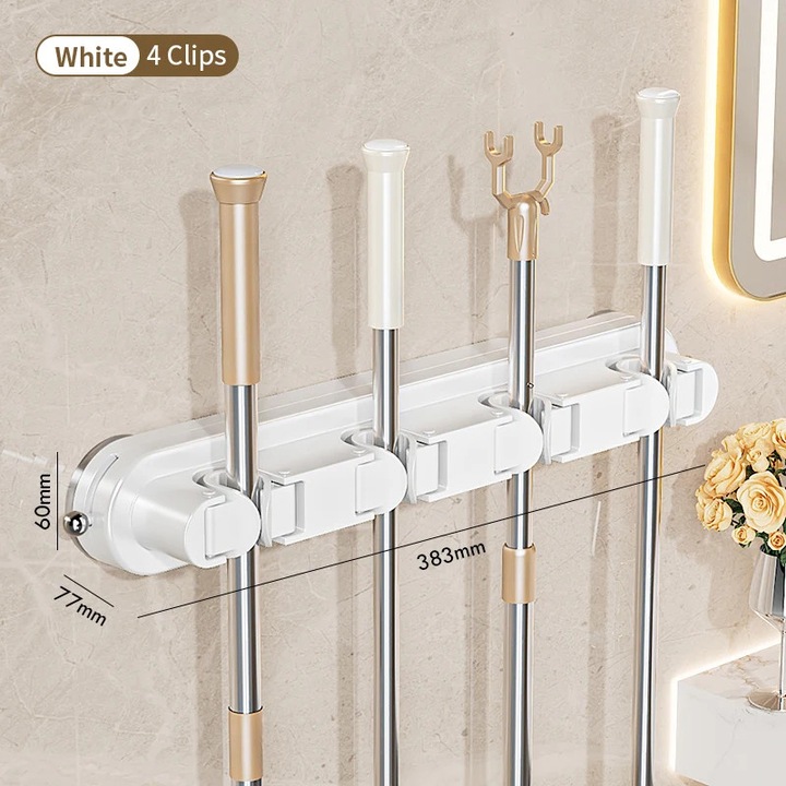Suport pentru maturi, montat pe perete, design cu ventuze, alb, 4 clipsuri, 5 carlige