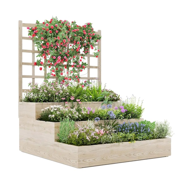 Ghiveci de gradina din lemn, 3 niveluri, suport pentru plante cataratoare, 7x14x21 inch, stil pastoral