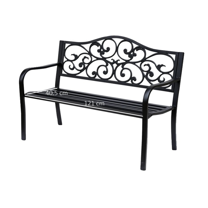 Banca de gradina, 3 locuri, 127x60x89cm, otel, brate din fonta, finisaj rezistent la coroziune