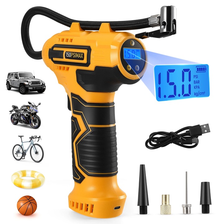Compresor auto, 150 PSI, portabil, galben, reincarcabil, utilizare multipla