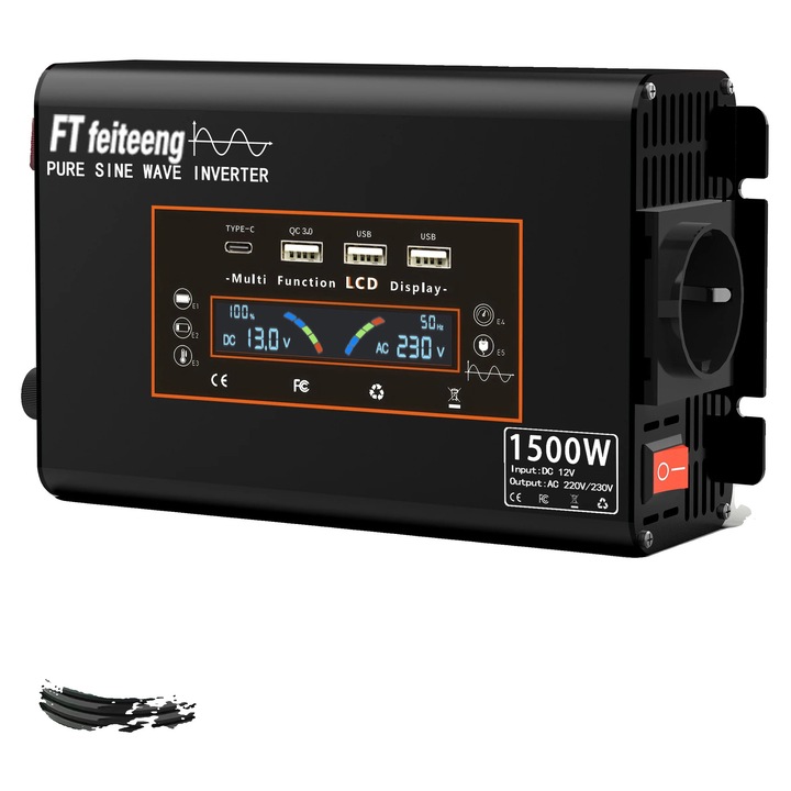 Autó inverter 1500W, tiszta szinuszos hullám, magas hatásfok, kompakt kialakítás, túlterhelés elleni védelem, 12V-220V