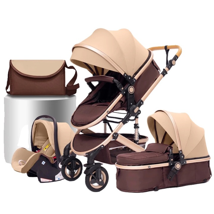 Carucior pentru copii 3 in 1, inaltime mare, roz, cu scaun auto si suport pentru bebelusi