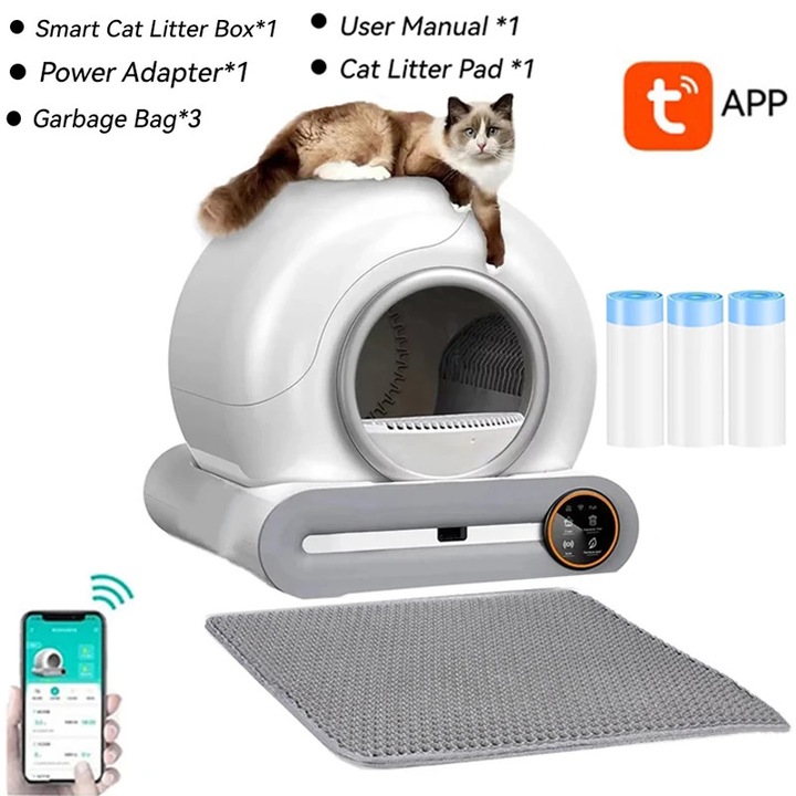 Litiera automata auto-curatare, 3 role saci de gunoi, design rotund, capacitate mare, plastic