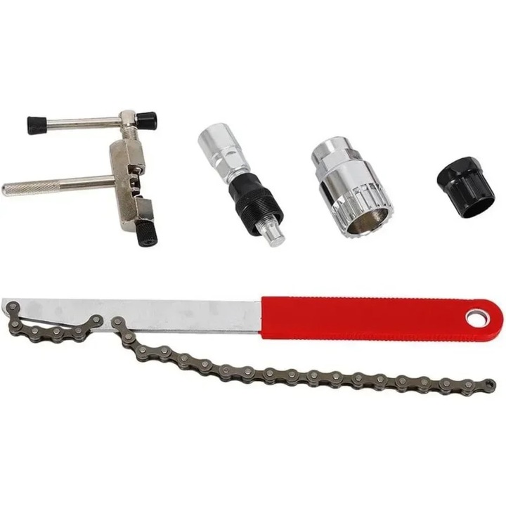 Scule bicicleta, Set demontare caseta, 5 piese, Cheie cu lant si extractor inel de blocare, Unealta pentru caseta/roata libera, Plastic, Rosu