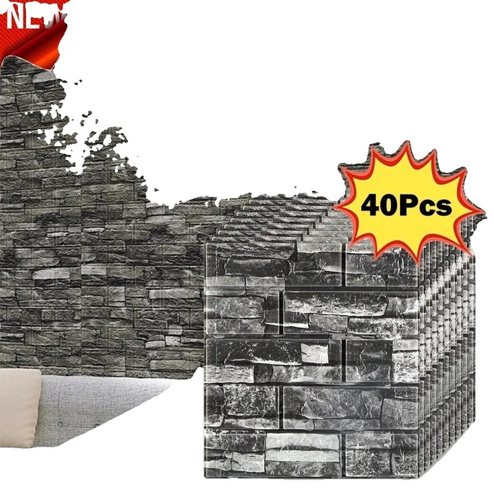 Öntapadós retro fekete tapéta, 40 darab, 38.5x35cm, 3D texturált design