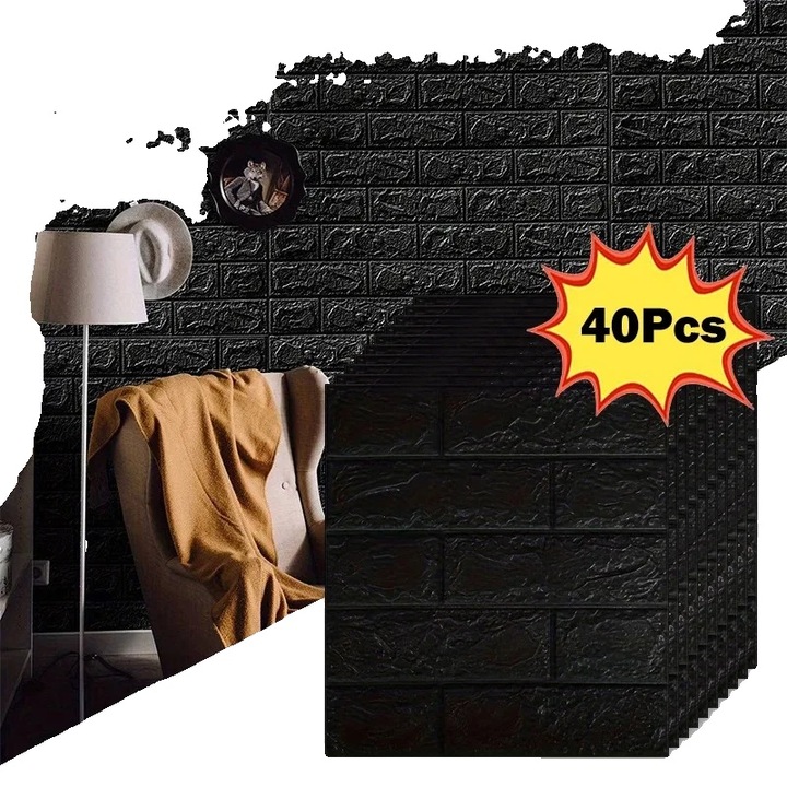 3D öntapadós tapéta, fekete, tégla utánzat, 40 db-os készlet, 38.5x35cm