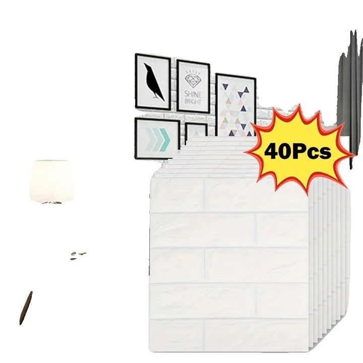 Öntapadós tapéta, 40 db, fehér, 38,5x35 cm, 3D texturált design