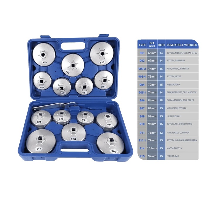 Set de clesti pentru filtre de ulei, 15 piese, aluminiu, design ergonomic, dimensiuni compacte