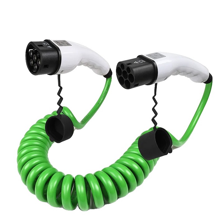 Cablu de incarcare EV, design spiralat, compatibil cu Type 2, 16A 3 faze, 3.5m