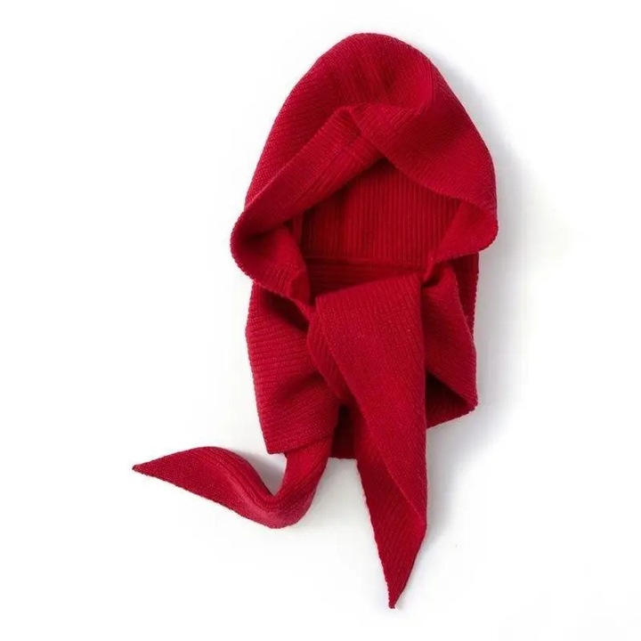 Плетена шапка с вграден шал, термо комфорт, един размер, 56-58 см, червен