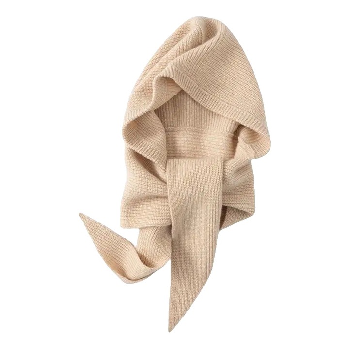 Caciula tricotata cu fular integrat, confortabila, bej, dimensiune unica