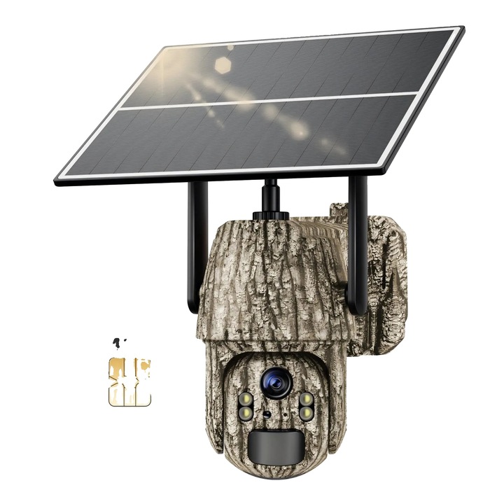 Камера за наблюдение, 360 градуса, 2K HD, устойчива на атмосферни влияния, соларно захранване, тъмно каки