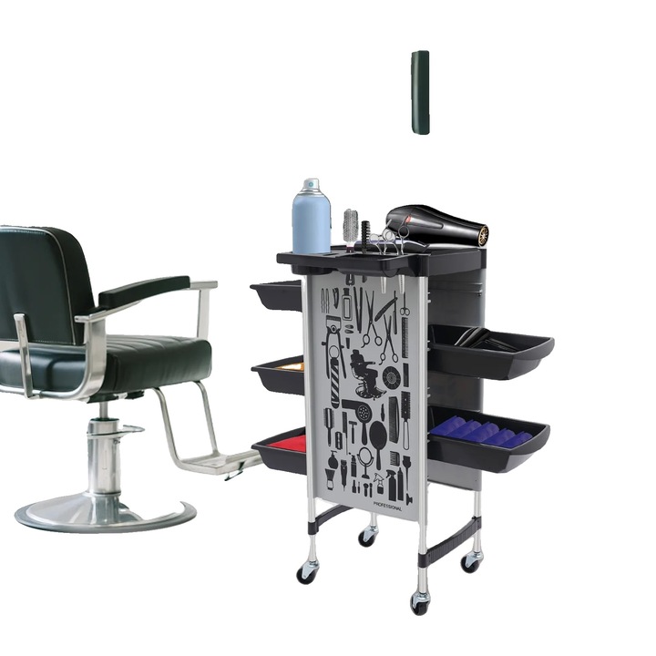 Fodrász gurulós kocsi, 5 fiókos, max. 80 kg teherbírás, összecsukható kialakítás, 4 forgó kerék, 23.6x15.7x30.3in