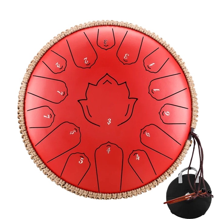 Стоманен езиков барабан, 15 ноти, преносим с аксесоари, червен, 13 инча, пълен комплект