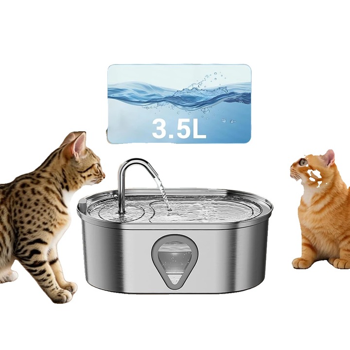 Fantana pentru apa pentru pisici, capacitate 3.5L, otel inoxidabil, dimensiuni 27.5x18x11cm, alimentare USB, functionare silentioasa