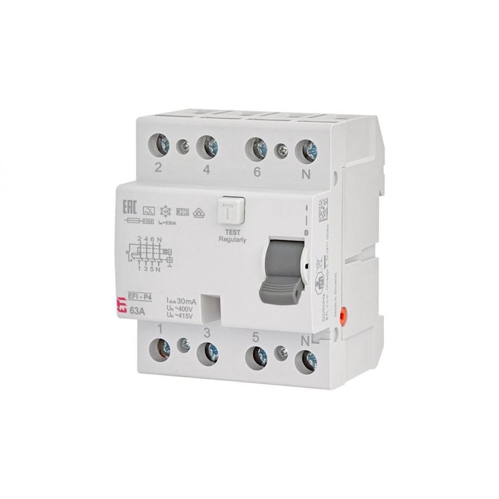 Dispozitiv de protectie diferentiala 4P 63A 30mA ETI POLAM, 80x80x68mm