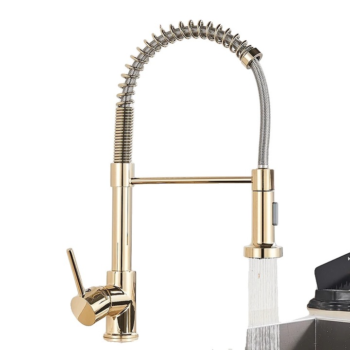 Csaptelep, kihúzható, 2 mód, fényes arany, 11,7 cm magas, 17,6 cm hosszú, 150 cm tömlő