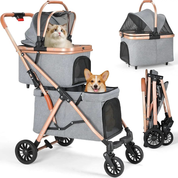 Carucior pentru animale de companie, carucior caini 4-in-1 dublu, 2 niveluri, pentru caini mici & pisici, pana la 10+15 kg, ferestre din plasa, pliabil, suport pahar, gri