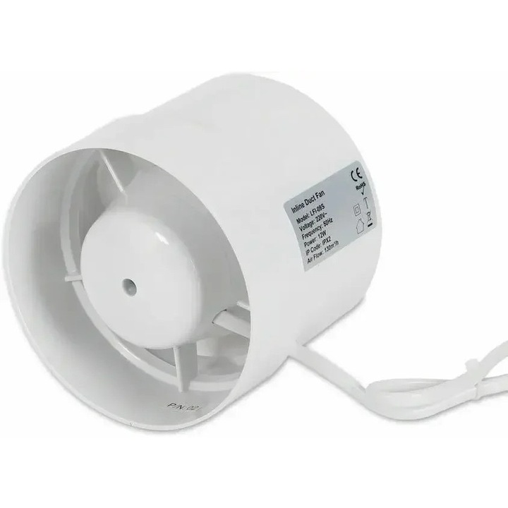 Szellőztető ventilátor, csőventilátor, kerek 100 mm, golyóscsapágyas motor, levegő elszívás és befúvás, fehér
