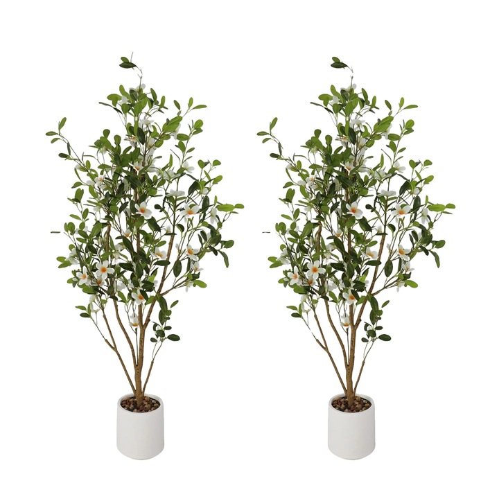 Set de plante artificiale, copac de mirt, aspect realist, alb, 120cm, 2 piese