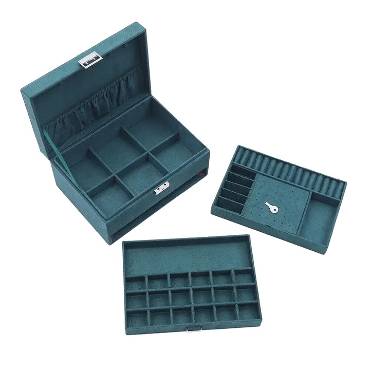 Cutie bijuterii, design cu trei straturi, organizator cu inchidere, verde, 24x17x11cm