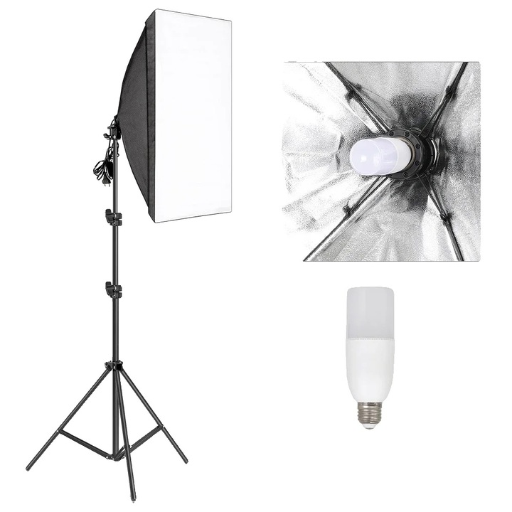 Kit de iluminare foto, softbox cu soclu E27, 40W, dimensiuni 50x70cm, suport ajustabil 68-200cm