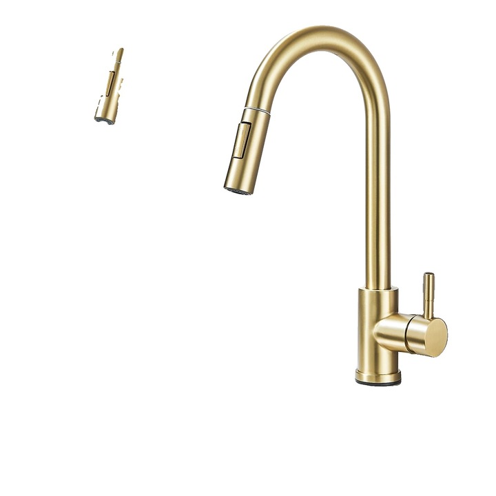 Csaptelep, kihúzható zuhanyfejjel, egykaros vezérlés, szálcsiszolt arany, mosogatópultra szerelhető