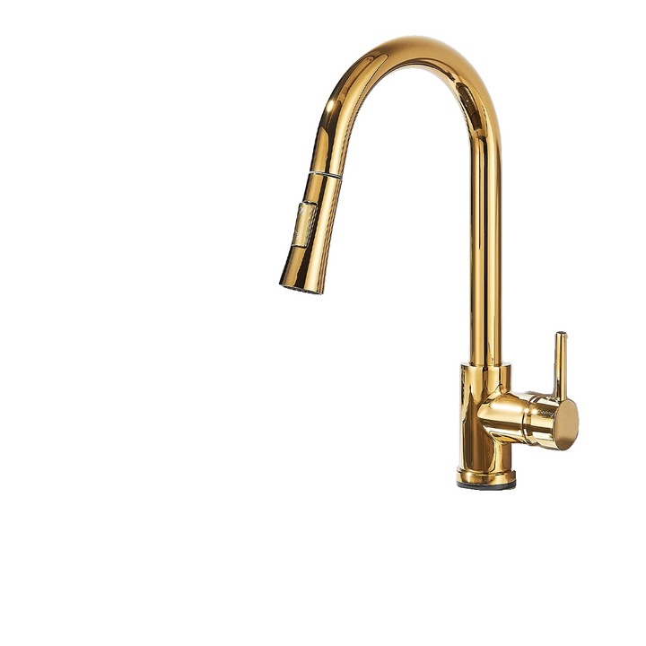 Csaptelep, kihúzható zuhanyfejjel, egykaros vezérlés, arany, mosogatópultra szerelhető